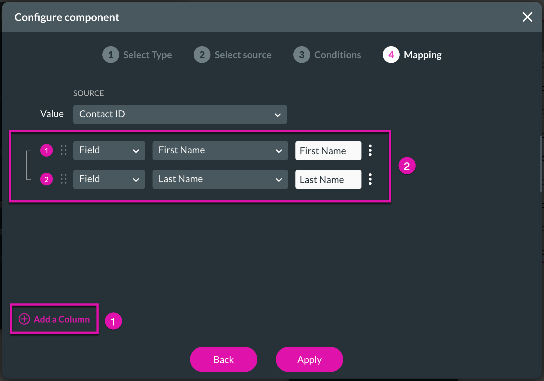 Screenshot of Configure Component window displaying the Mapping step 