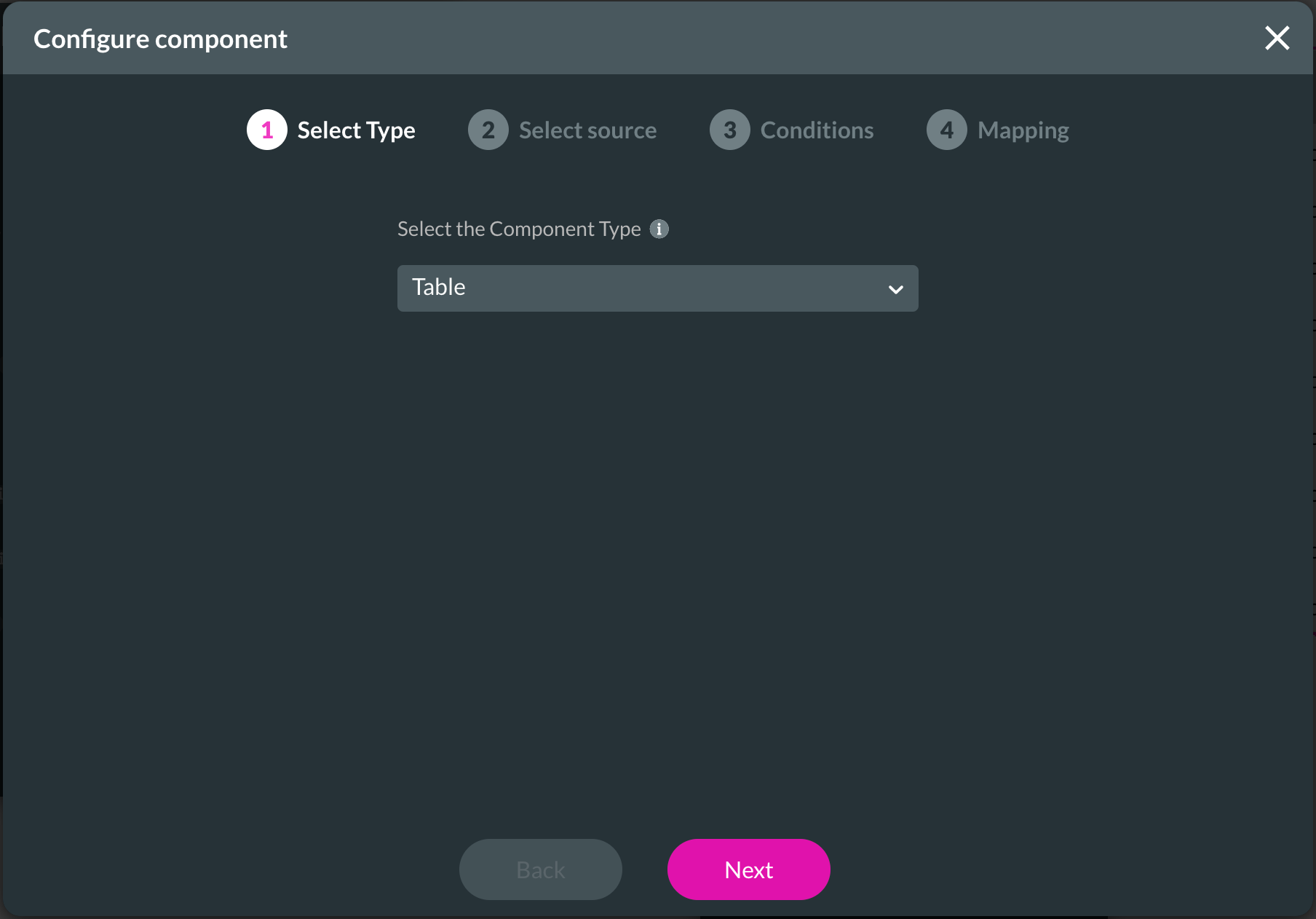 Screenshot of Configure Component window displaying the Select Type step 