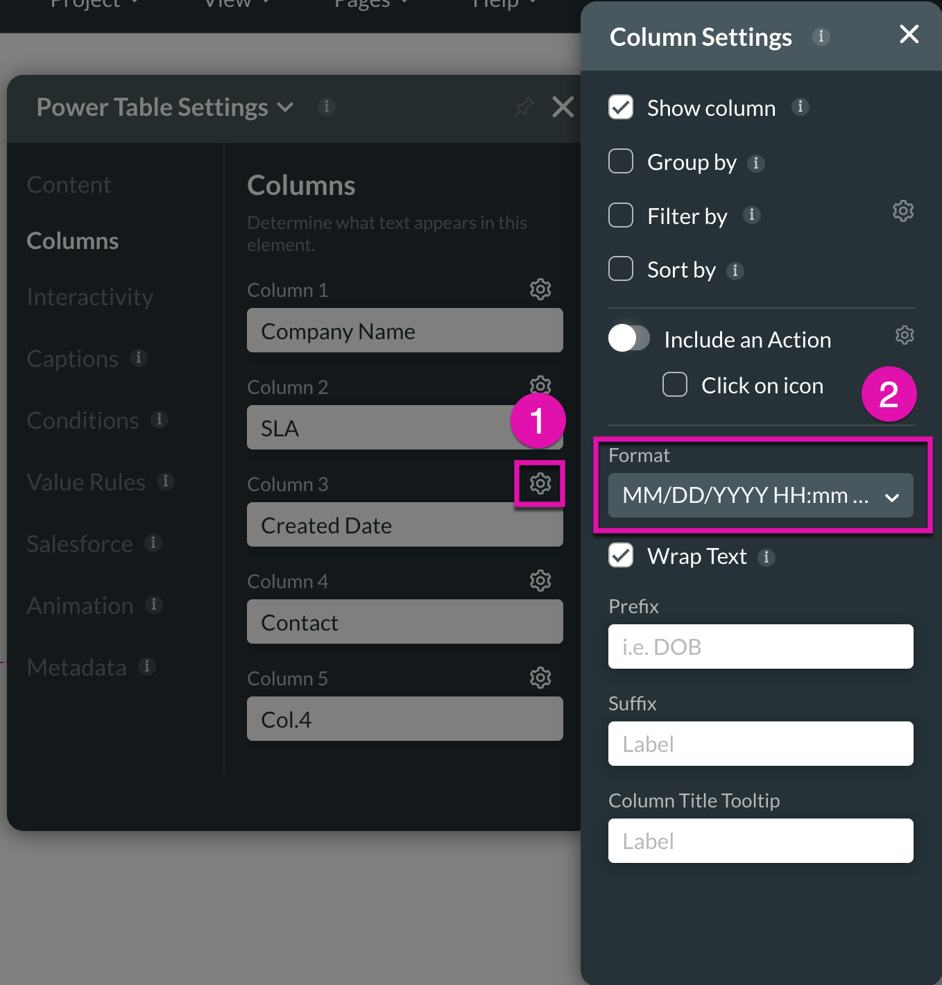 Screenshot of the Power Table Settings showing how to edit the column settings 