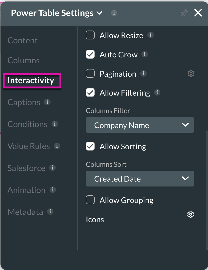 Screenshot of the power table settings displaying the  interactivity tab 