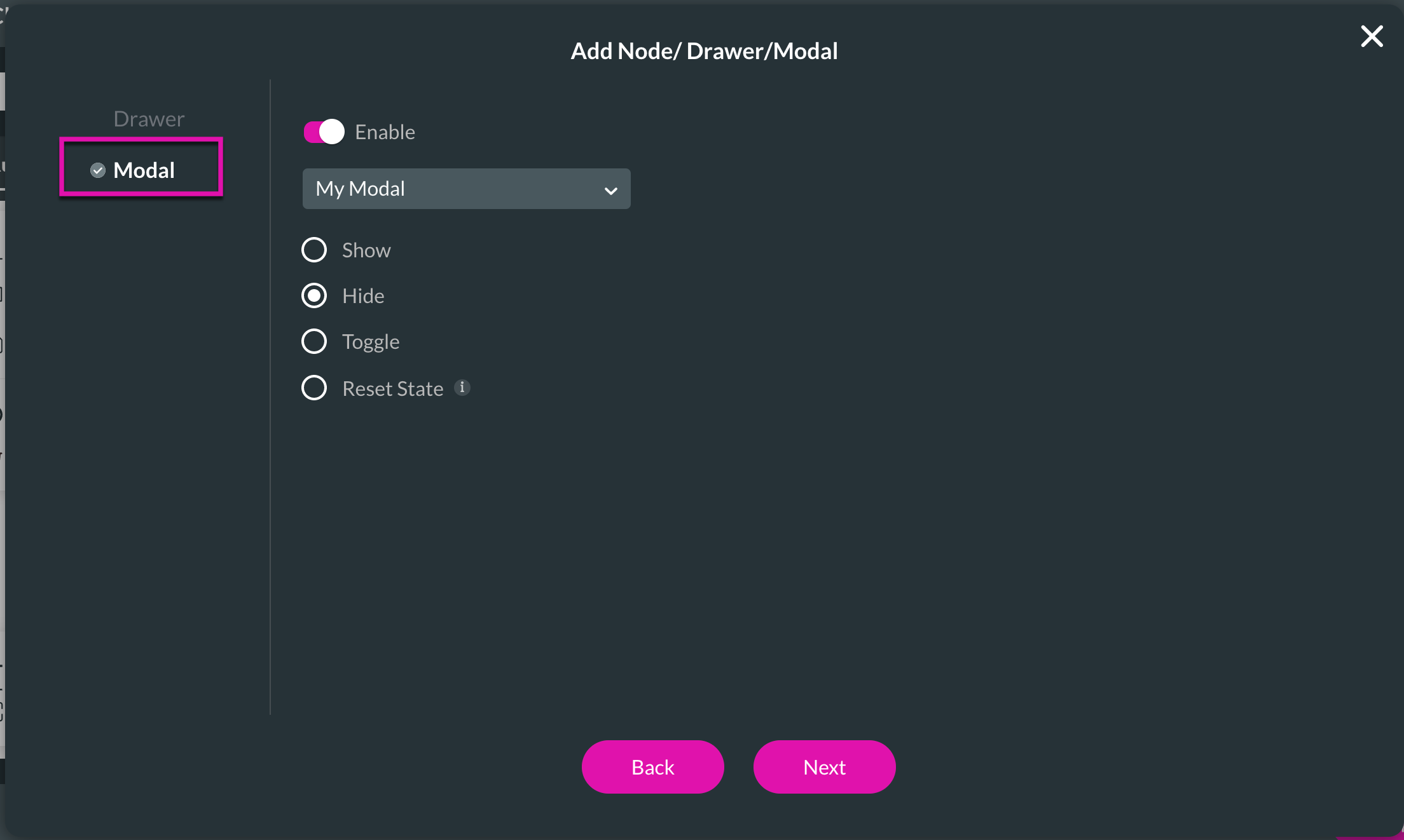 Screenshot of Add Node Drawer modal configuration showing how to hide modal 