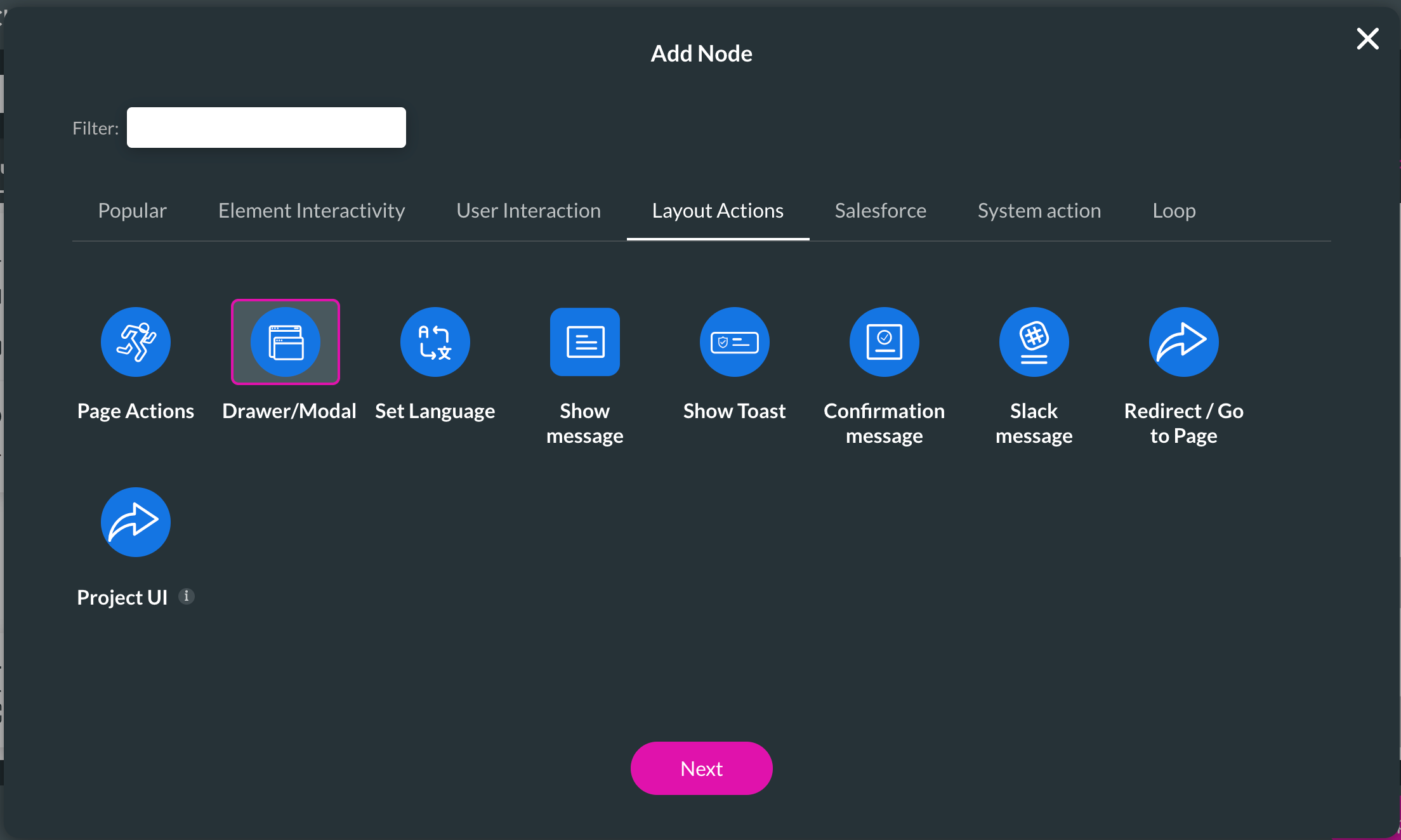 Screenshot of Add Node window with drawer modal node selected 