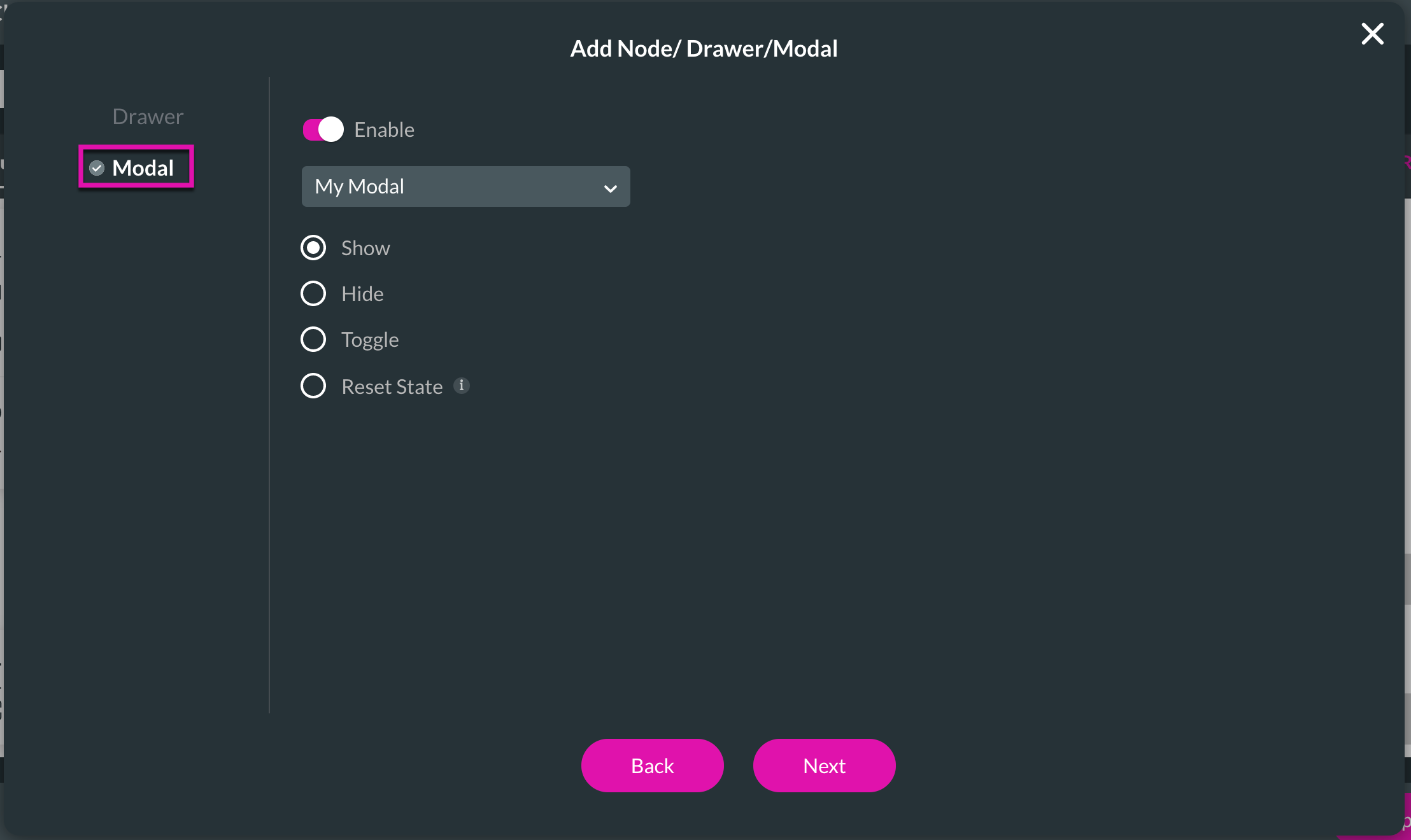 Screenshot of Add Node Drawer and Modal configuration window 