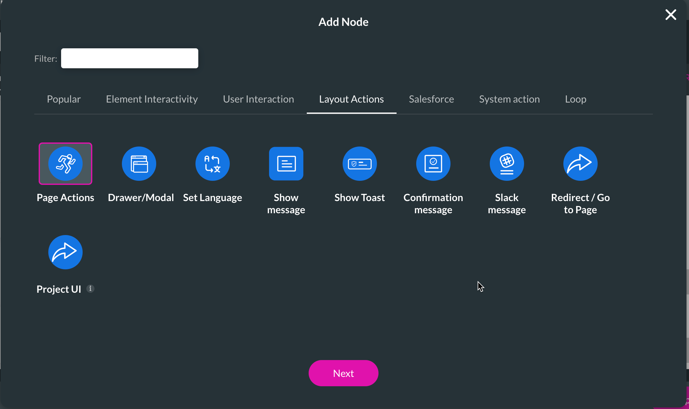 Screenshot of the Add Node screen with the Page Actions node selected 