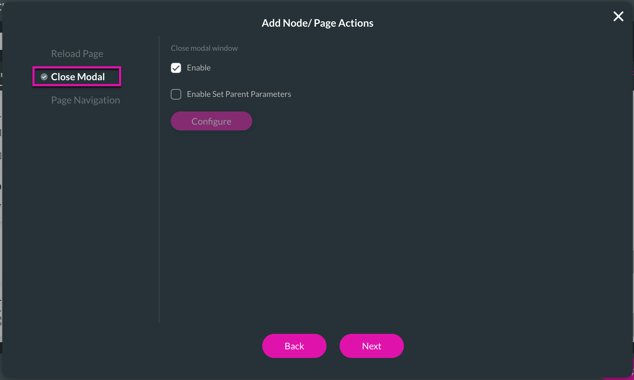 Screenshot of the Add Node page Actions Config for Close Modal 