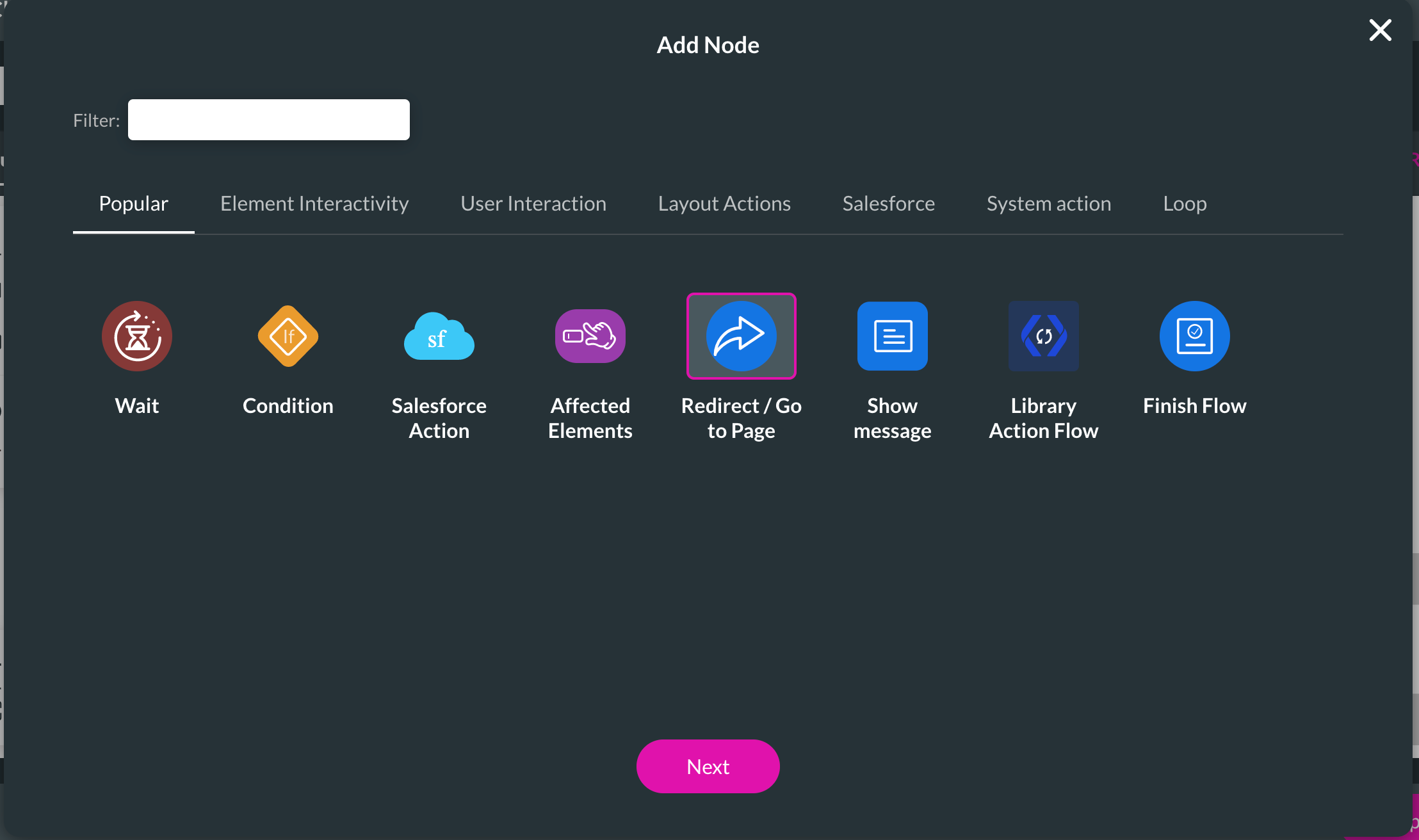 Screenshot of Add Node window with Go To Page node selected 