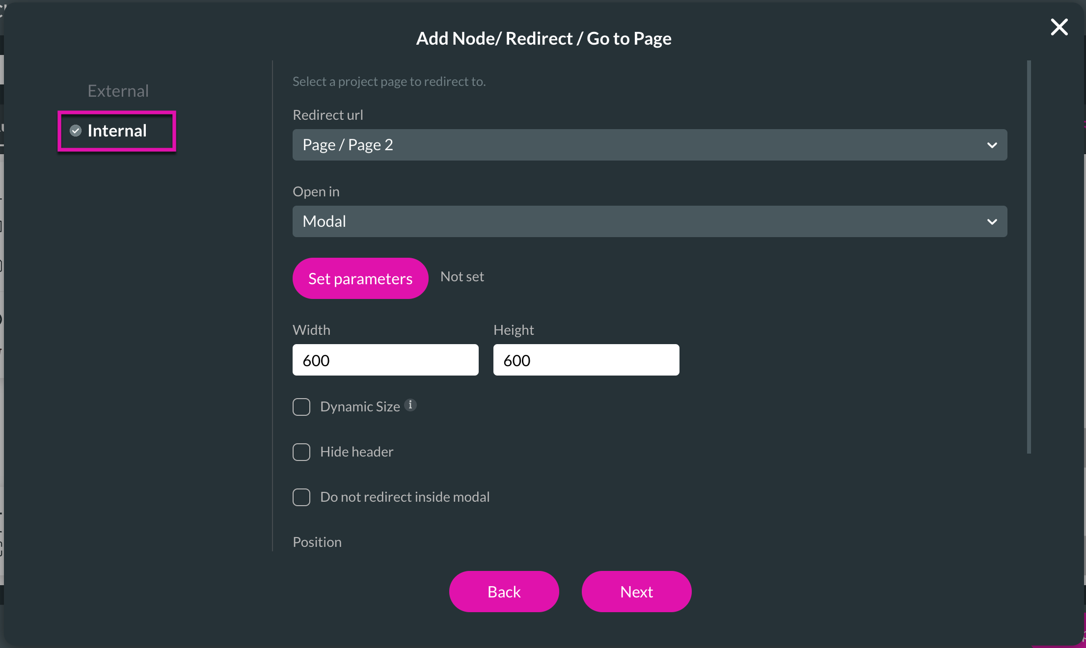 Screenshot of Add Node Redirect Configuration for Internal Go to Page settings 