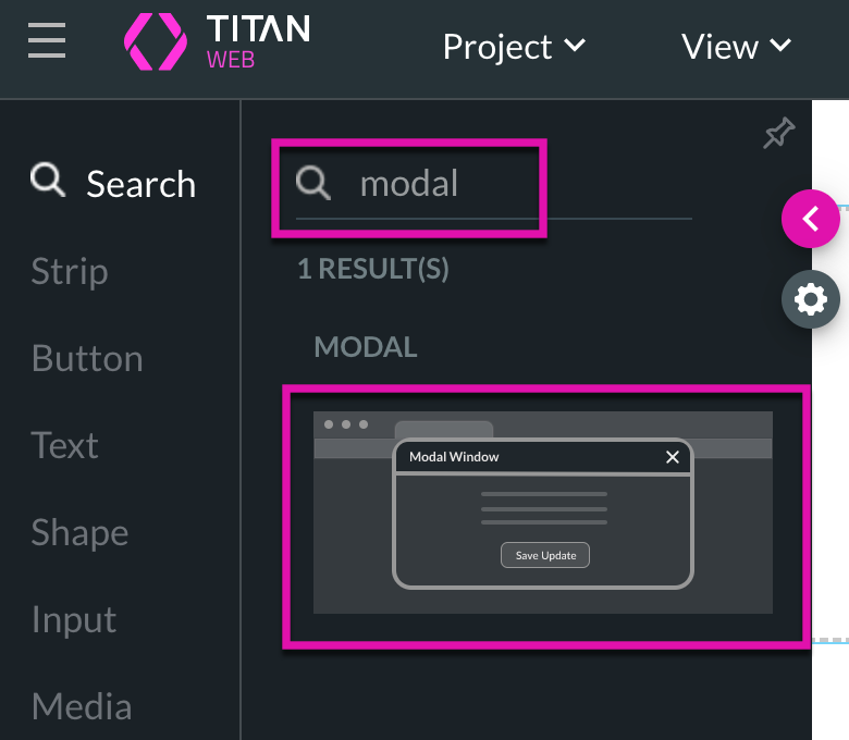 Screenshot of the element menu showing how to insert a modal 