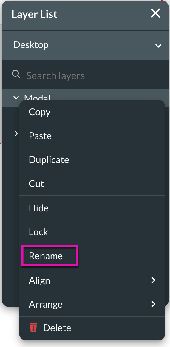 Screenshot of the Layer List displaying how to rename a Modal 