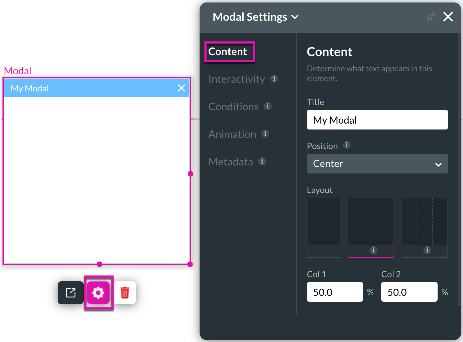 Screenshot of the Modal settings showing the content tab 