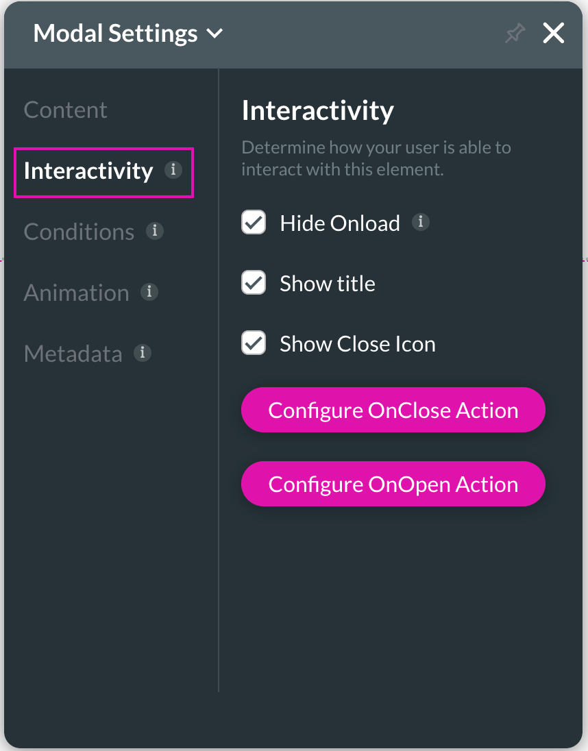 Screenshot of Modal Settings window displaying the Interactivity tab 