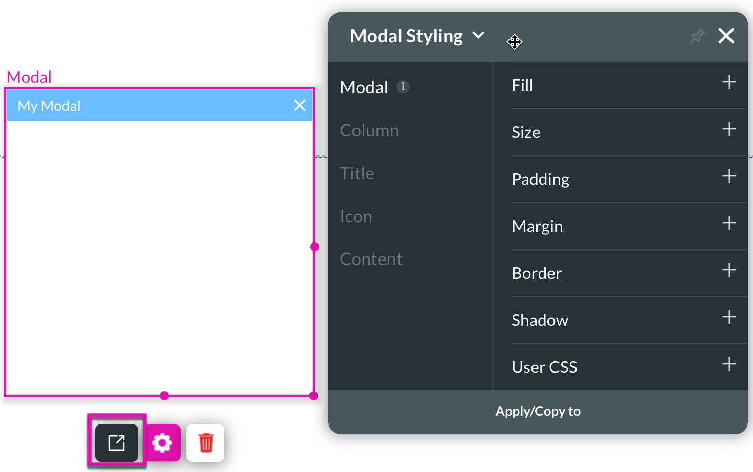 Screenshot of the modal styling window