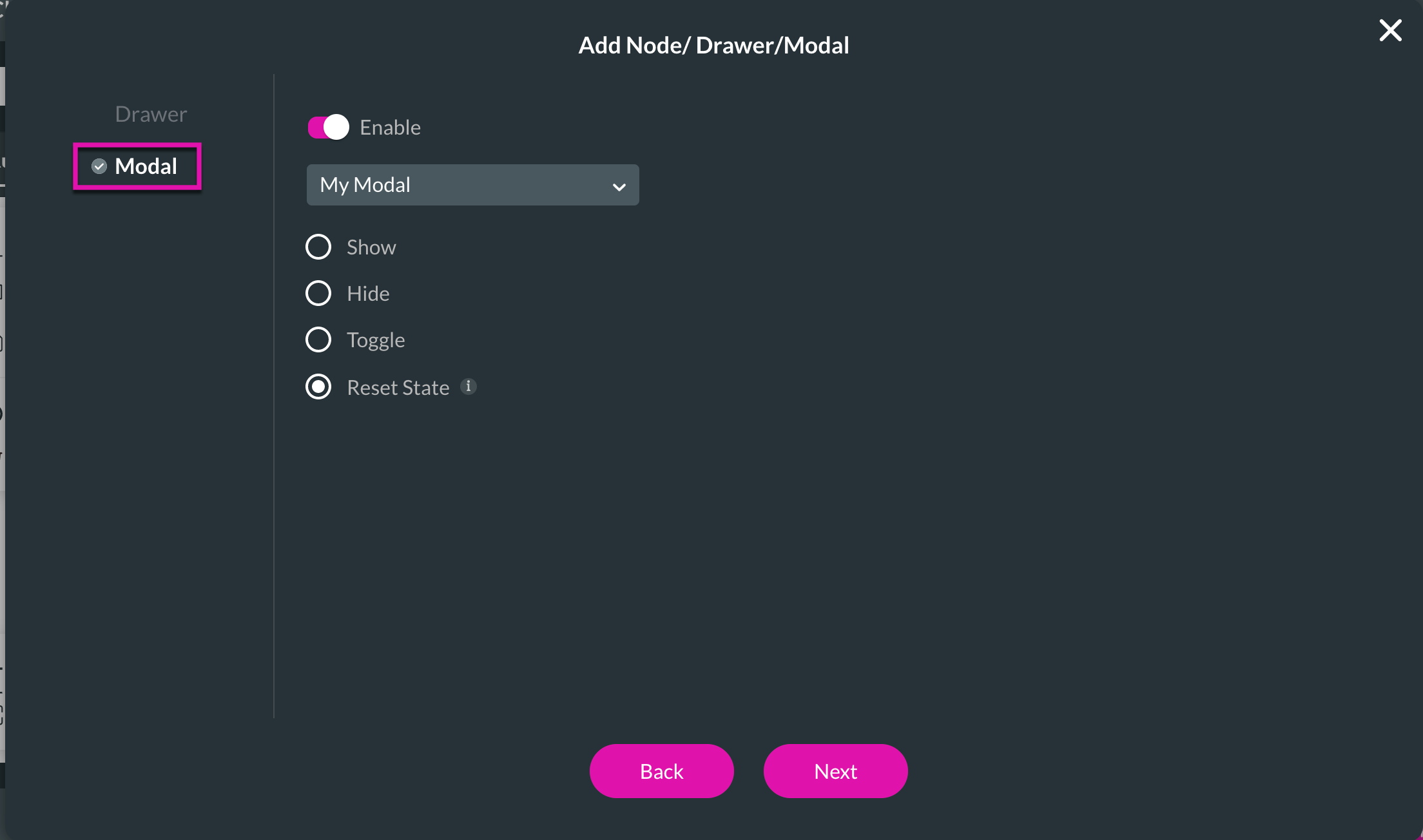 Screenshot of add node drawer modal window showing how to reset the modal 