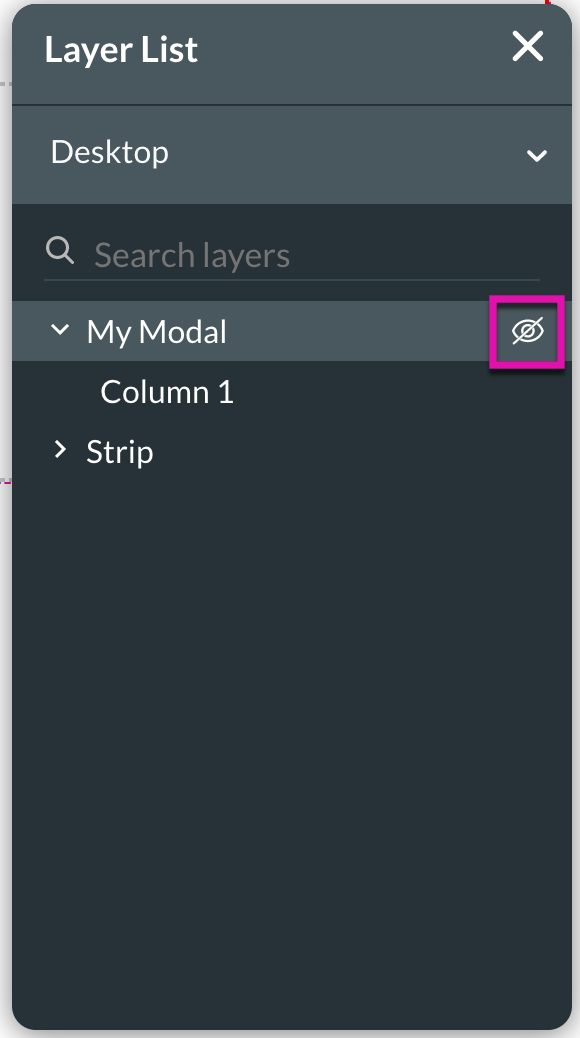 Screenshot of the layer list showing how to view and hide the modal 