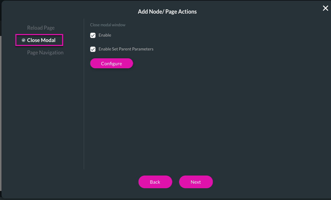 Screenshot of add node page actions window showing close modal config 