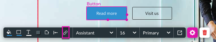 Screenshot displaying the button menu with the configure on click action link icon highlighted 