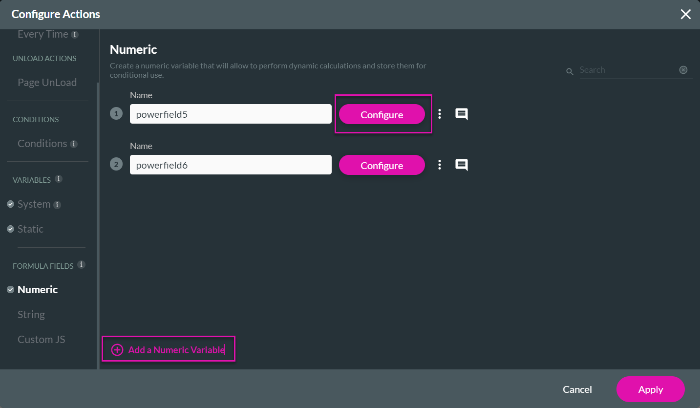 Screenshot of the configure actions window showing the Numeric tab 