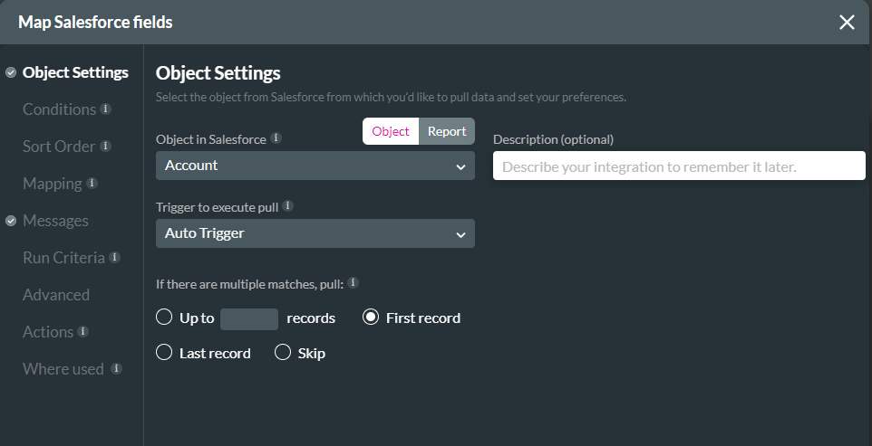 Screenshot of Map Salesforce Fields showing the Object Settings tab 