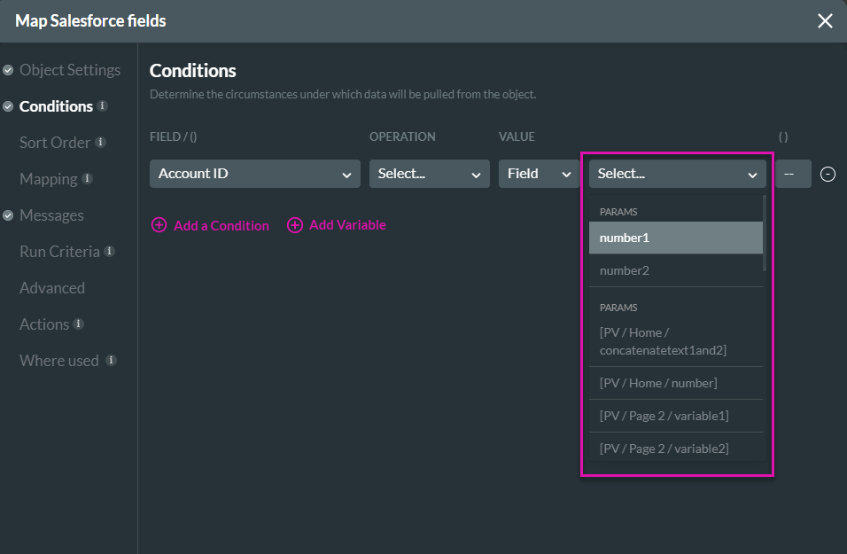 Screenshot of the Map Salesforce Fields showing the Conditions tab 