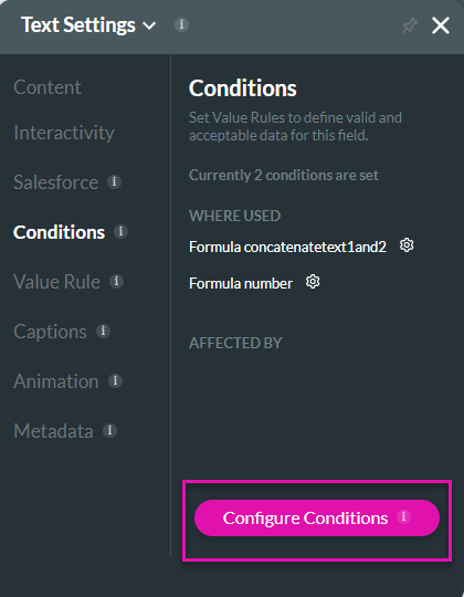 Screenshot of the Text Settings menu showing the Conditions tab 