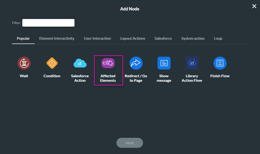 Screenshot of the Add Node window with the Affected Elements node highlighted 