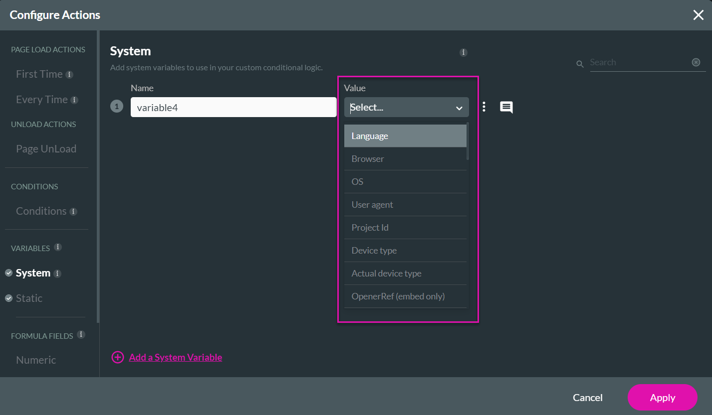 Screenshot of Configure Actions window displaying the System tab 