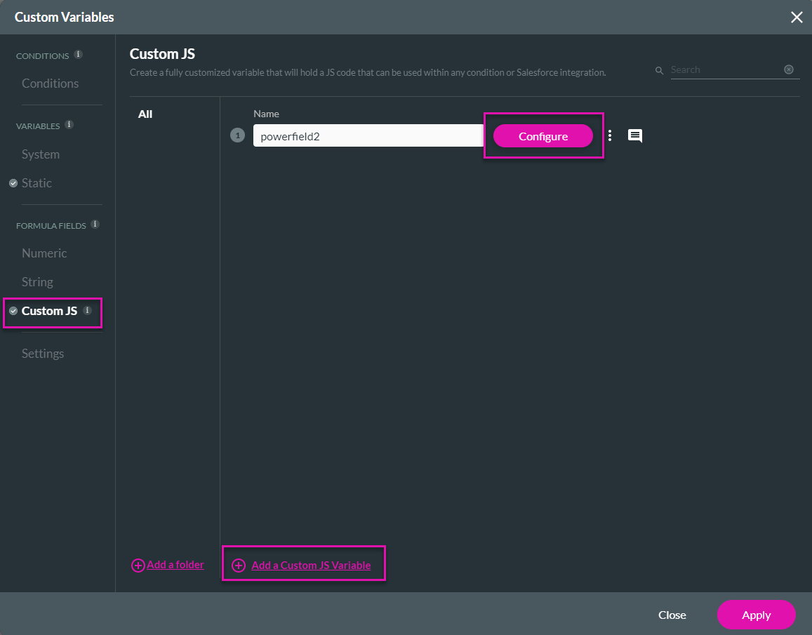 Screenshot of the Custom Variables window showing the Custom JS tab 