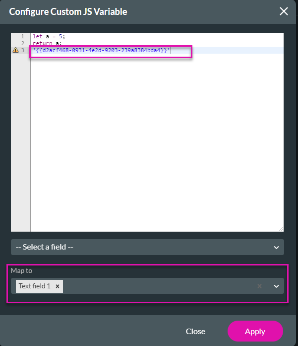 Screenshot of the Configure Custom JS Variable window 