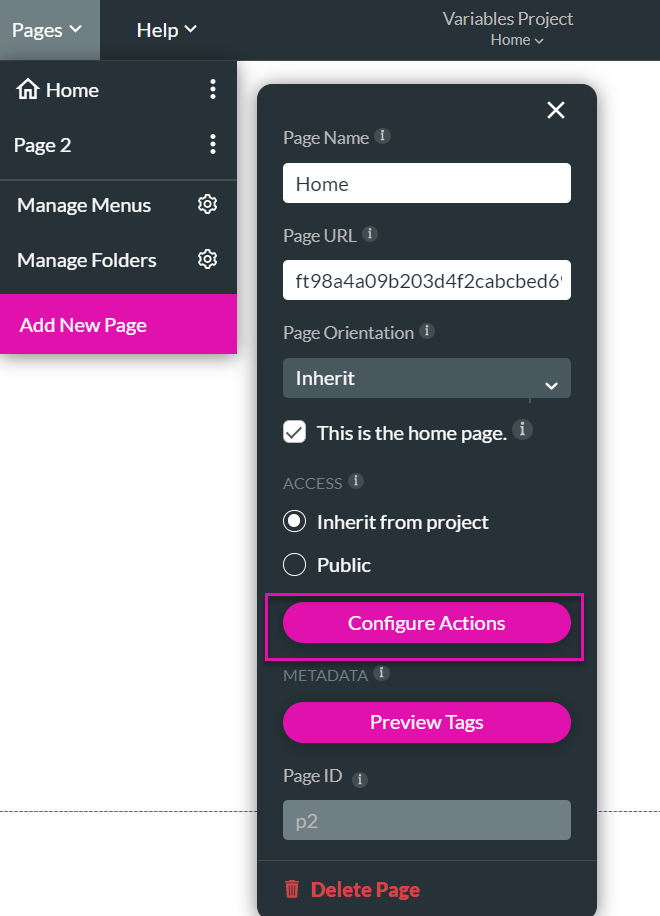 Screenshot showing how to navigate to page actions using the Pages dropdown 