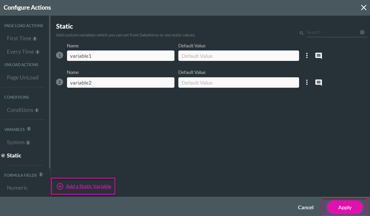 Screenshot of Configure Actions window displaying static tab showing how to add a static variable