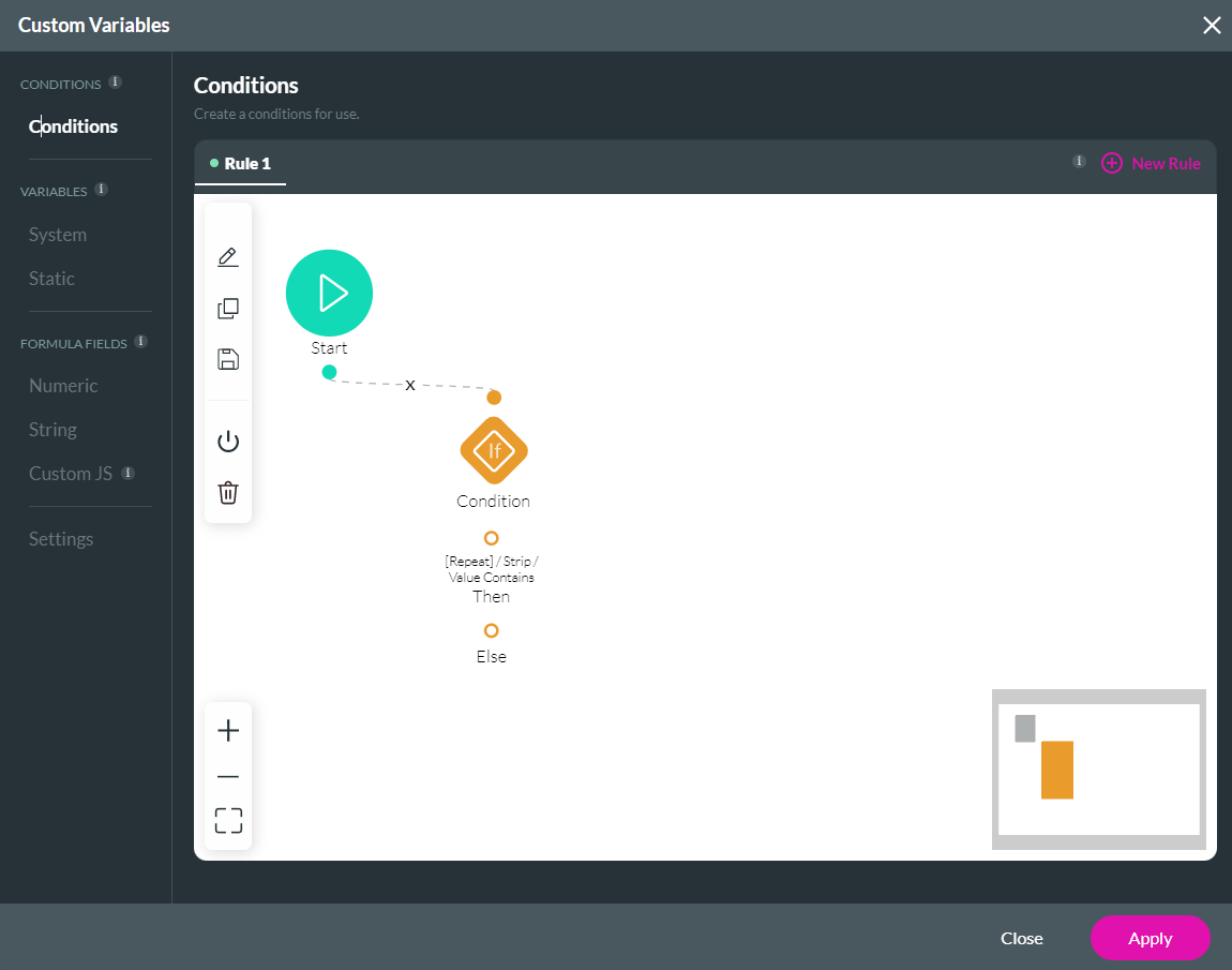 Screenshot of Custom Variables window showing the conditions tab 