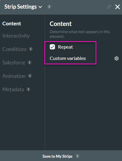 Screenshot of the strip settings menu showing the content tab 