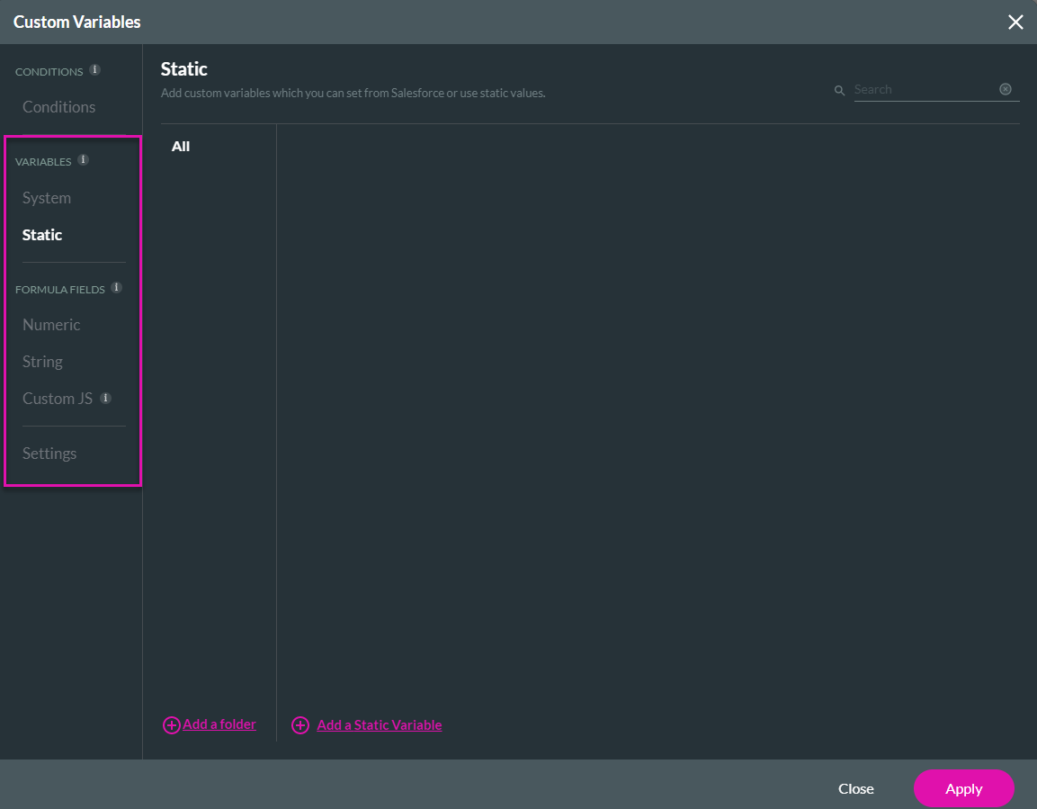 Screenshot showing the custom variables window with System, Static, Numeric, String, and Custom JS values tabs highlighted 