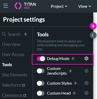 Screenshot of Titan Project Settings showing the Tool tab with debug mode enabled 