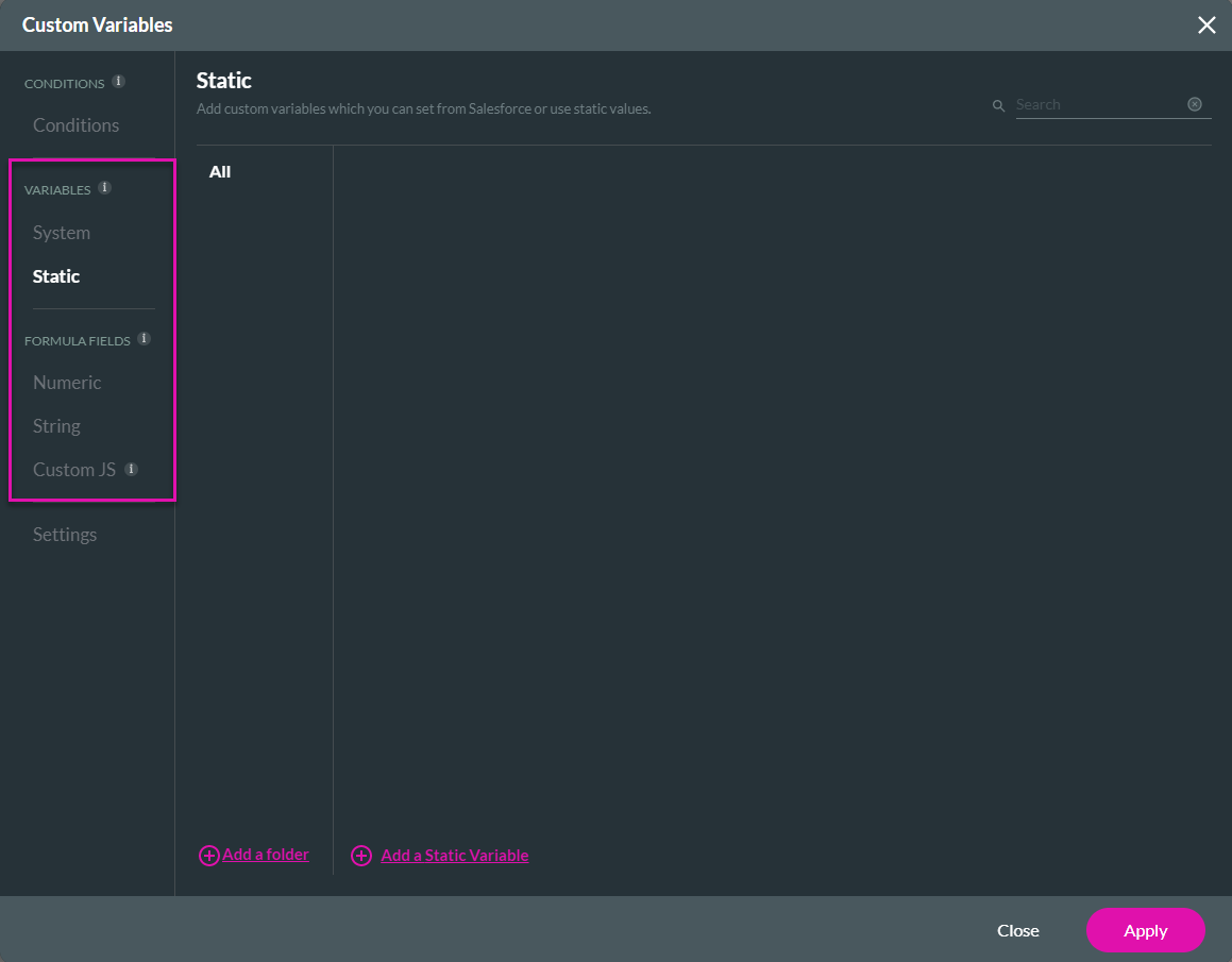 Screenshot of Custom Variables window showing types of variables