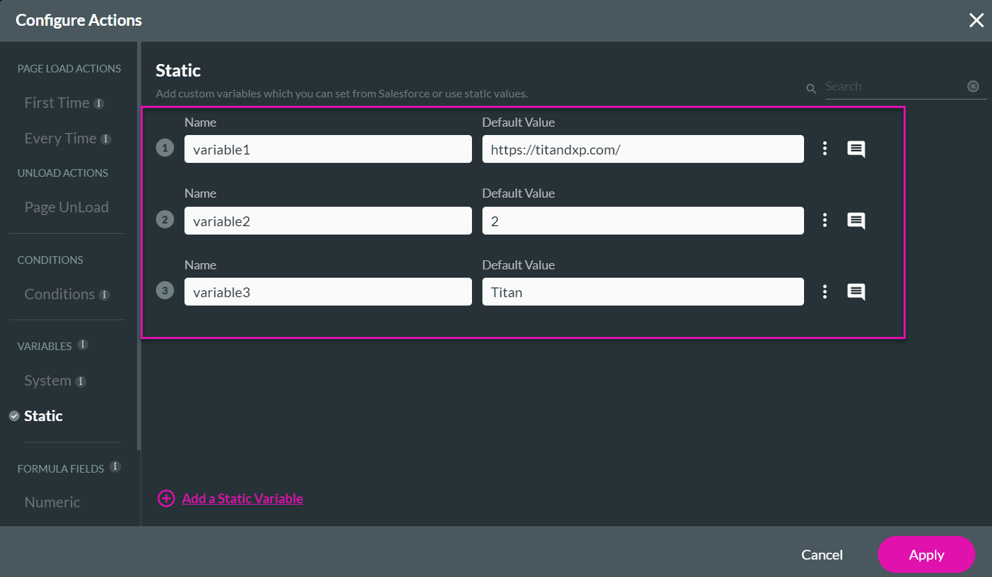 Screenshot of the Configure Actions window displaying the static tab 