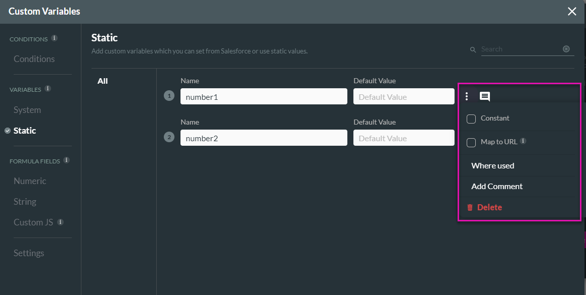 Screenshot of the Custom Variables window displaying the kebab menu for static values 