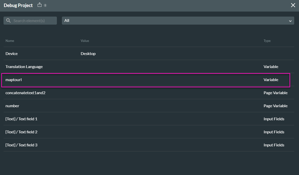 Screenshot of the Debug project window displaying the map to url variable variable 