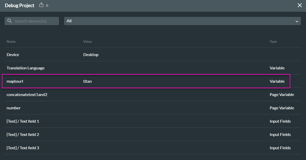 Screenshot of the Debug Project window displaying the map to URL variable 