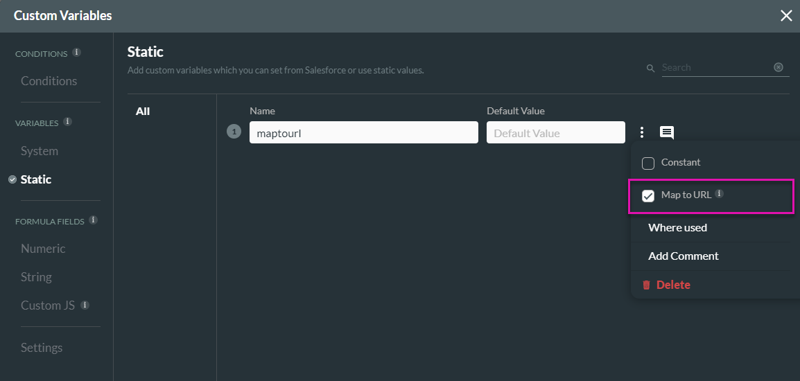 Screenshot the Custom Variables window displaying the kebab menu for static value 