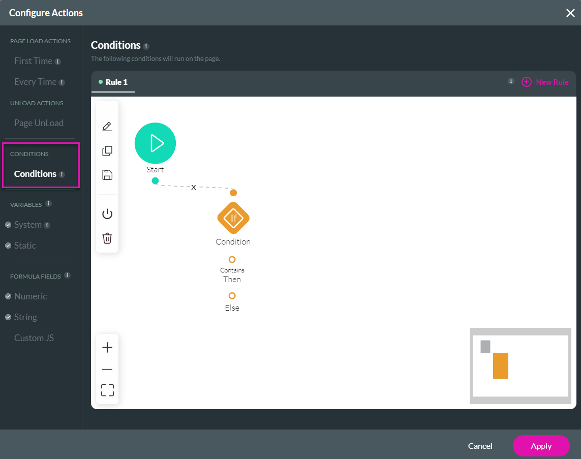 Screenshot of the configure actions window showing the  conditions tab 