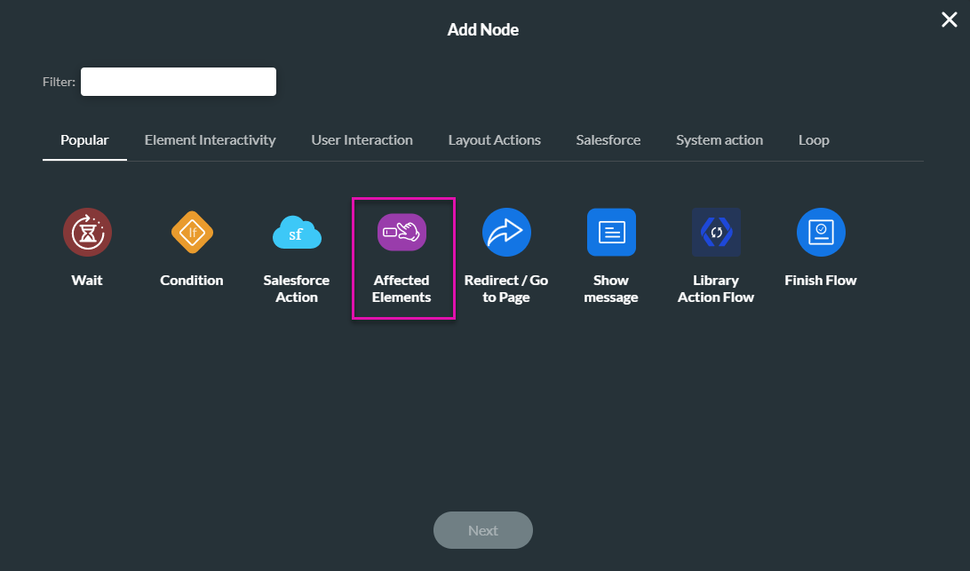 Screenshot of Add Node window showing Affected Elements node selected 