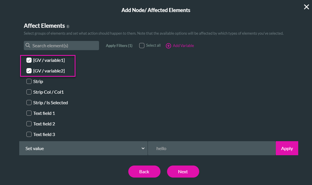 Screenshot of add node/ affected elements window displaying configuration for the select the variables