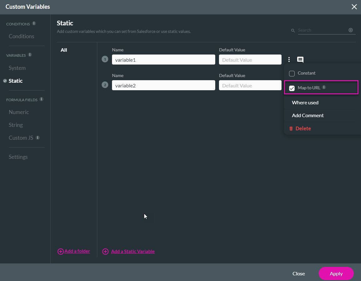 Screenshot of Custom Variables window displaying static variables tab showing how to enable Map to URL