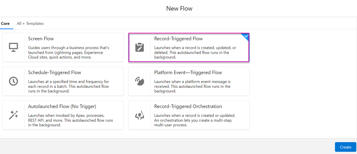 Screenshot displaying New Flow screen with Record-Triggered Flow selected 