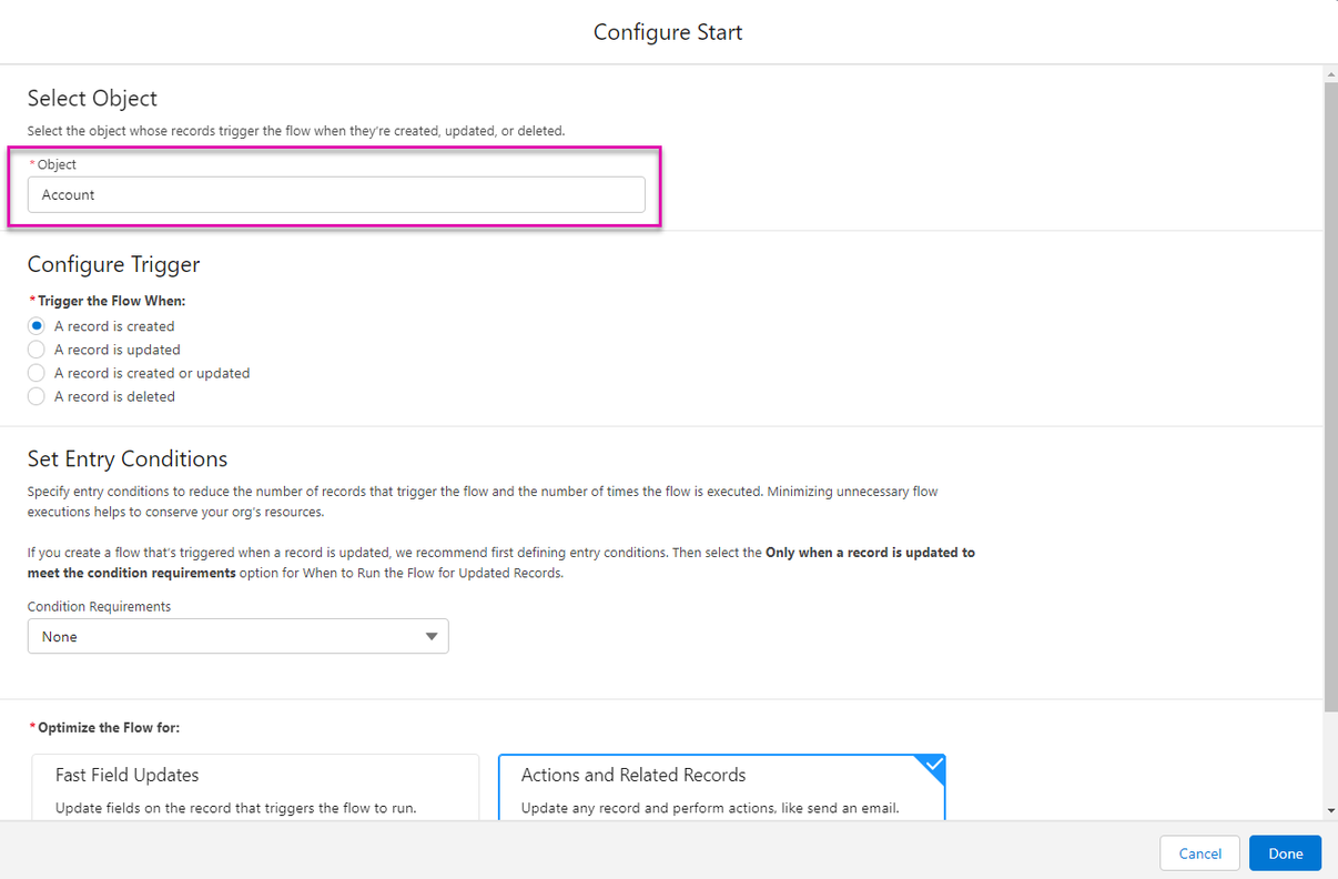 Screenshot of Configure Start window with select object highlighted 