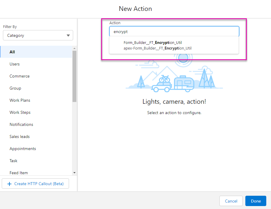 Screenshot of New Action screen with FT_Encryption_Util Apex Action highlighted 