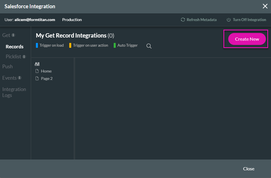 Screenshot of the Salesforce Integration window displaying the Get Record tab with the Create New button highlighted 