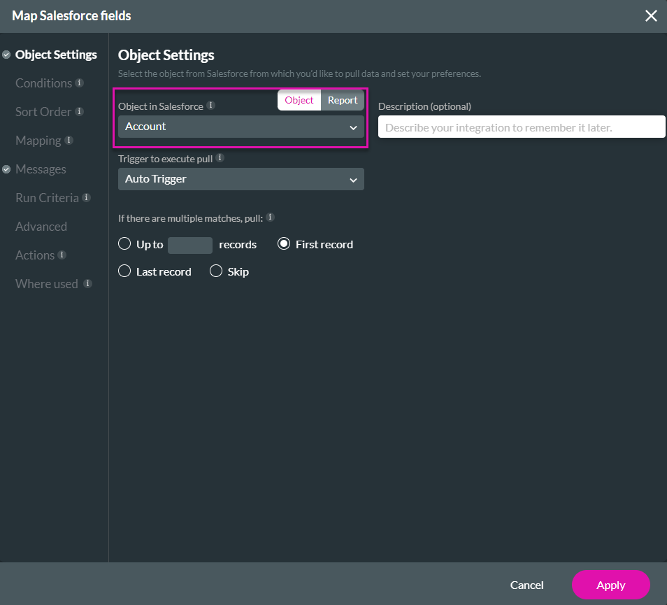 Screenshot of the Map Salesforce Fields window displaying the Object Settings tab 