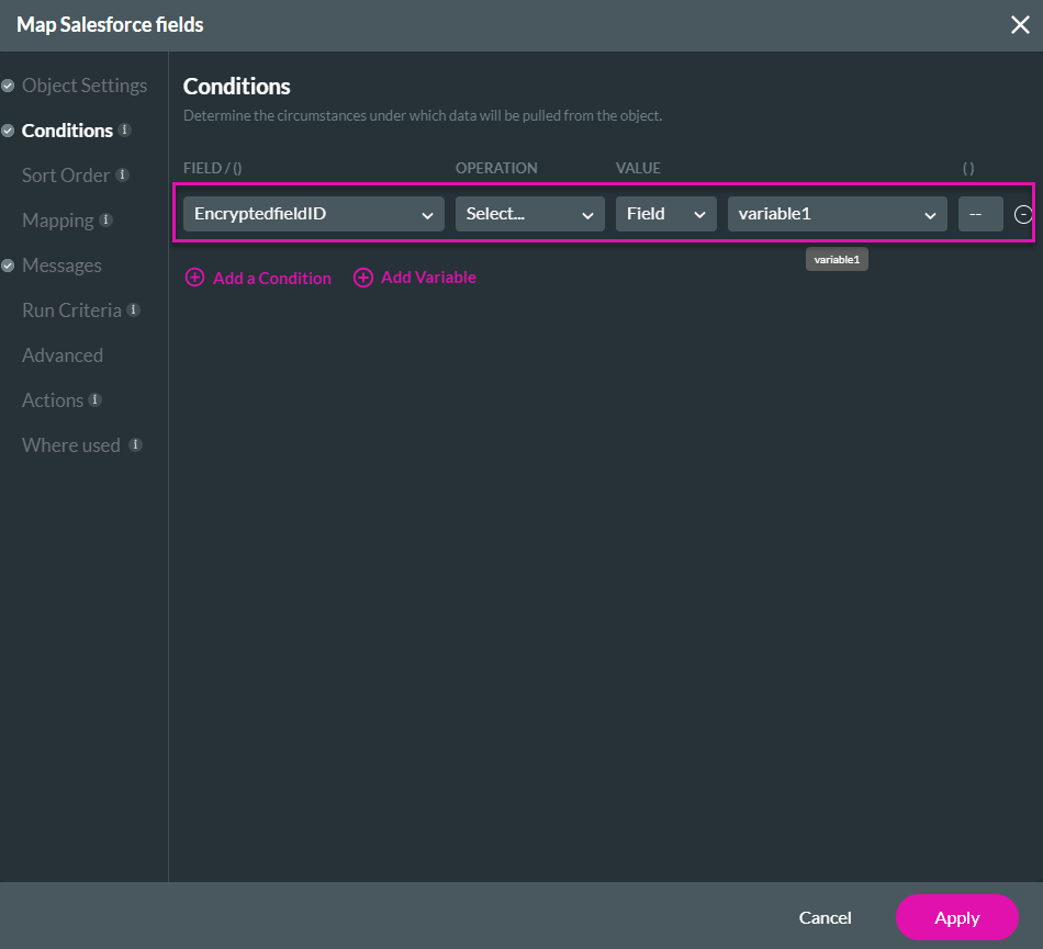 Screenshot of the Map Salesforce Fields window displaying the Conditions tab 